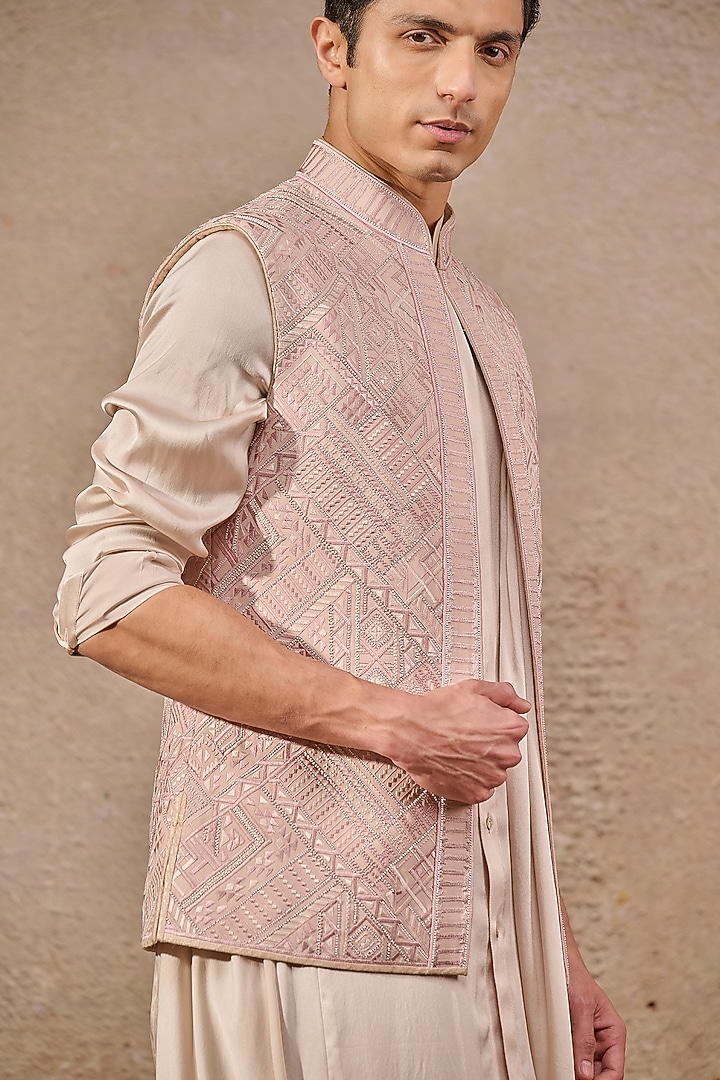 Salmon Pink Georgette Pearl Embroidered Waistcoat Set by Tarun Tahiliani Men at Pernia's Pop Up Shop