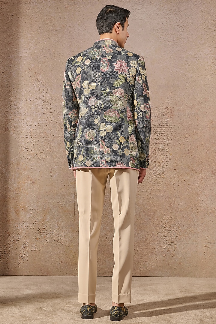 Charcoal Jacquard Floral Motif Work Groom Bandhgala Set by Tarun Tahiliani Men at Pernia's Pop Up Shop