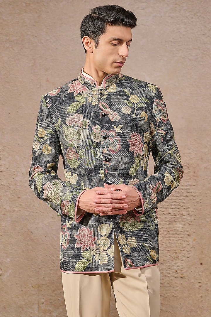 Charcoal Jacquard Floral Motif Work Groom Bandhgala Set by Tarun Tahiliani Men at Pernia's Pop Up Shop