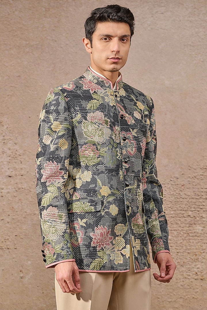 Charcoal Jacquard Floral Motif Work Groom Bandhgala Set by Tarun Tahiliani Men at Pernia's Pop Up Shop