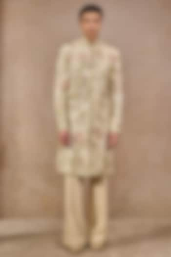 Beige Jacquard Floral Motif Work Sherwani Set by Tarun Tahiliani Men