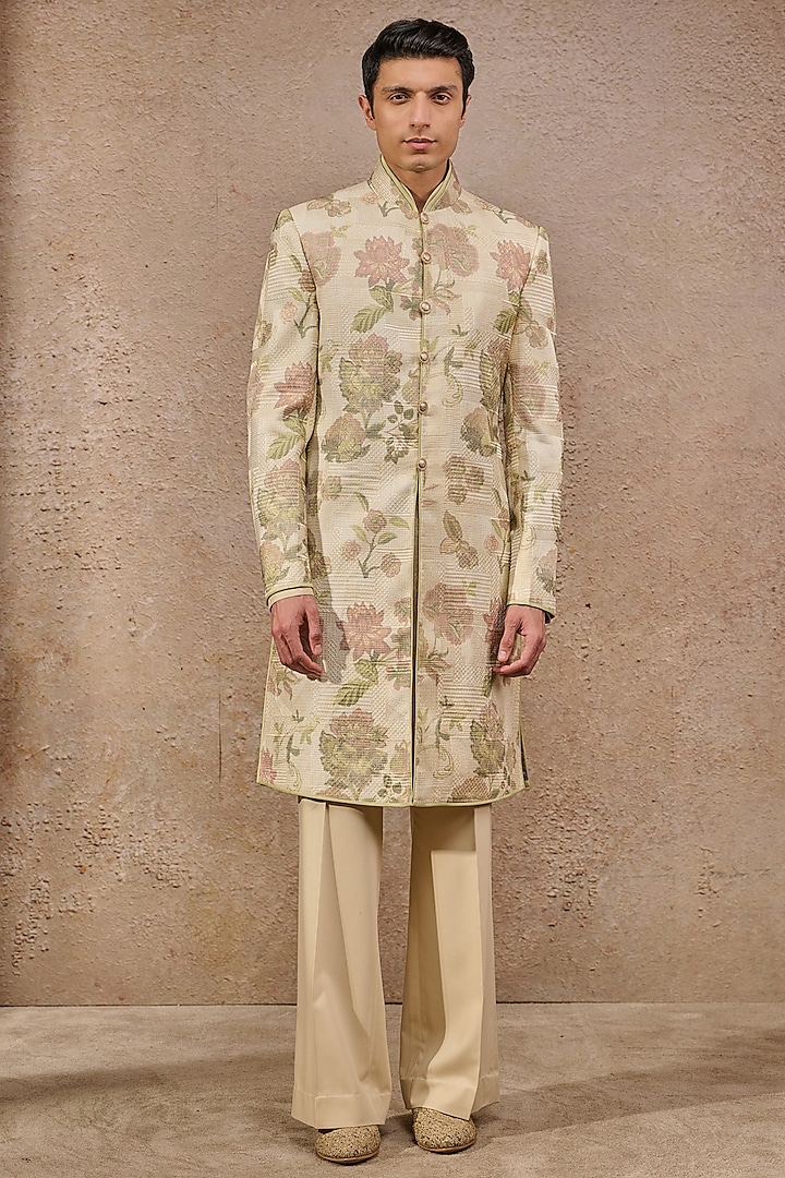 Beige Jacquard Floral Motif Work Sherwani Set by Tarun Tahiliani Men