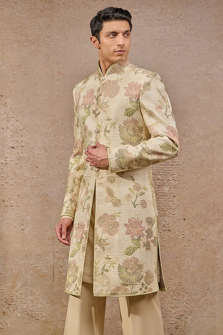 Beige Jacquard Floral Motif Work Groom Sherwani Set by Tarun Tahiliani Men at Pernia's Pop Up Shop