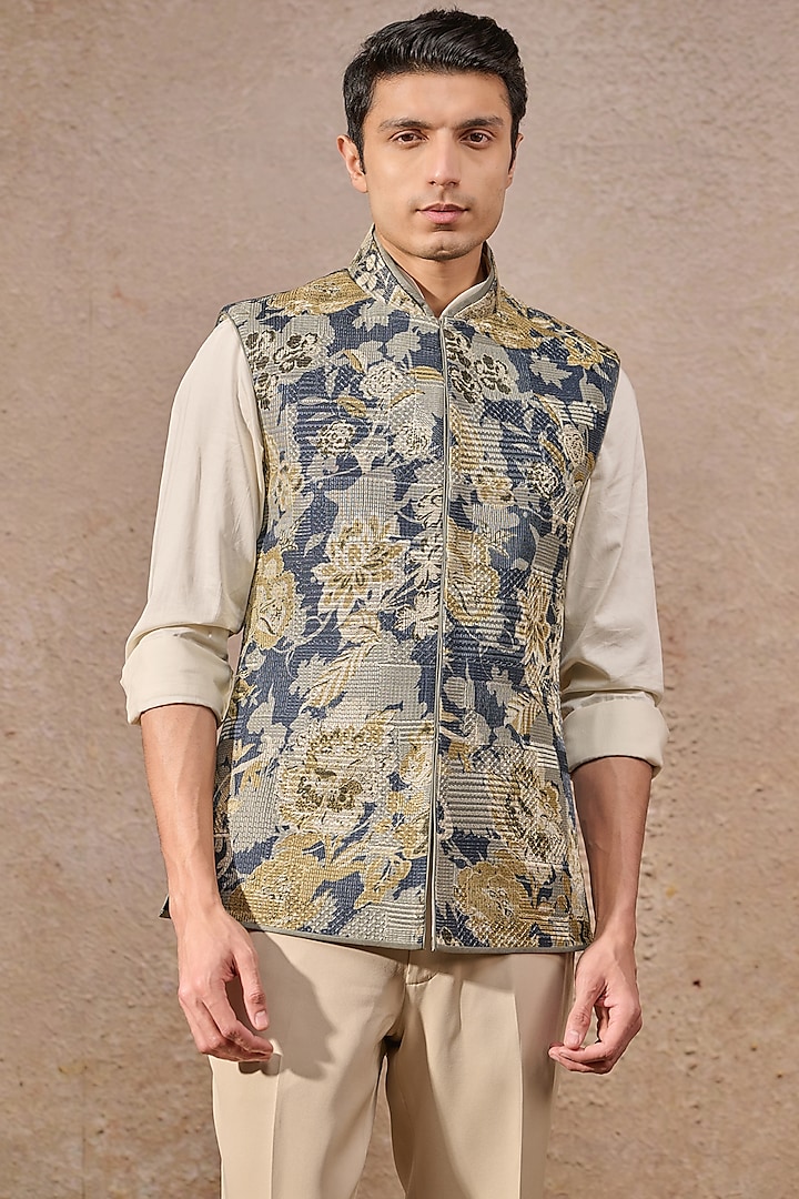 Multi-Colored Jacquard Floral Motif Work Waistcoat by Tarun Tahiliani Men