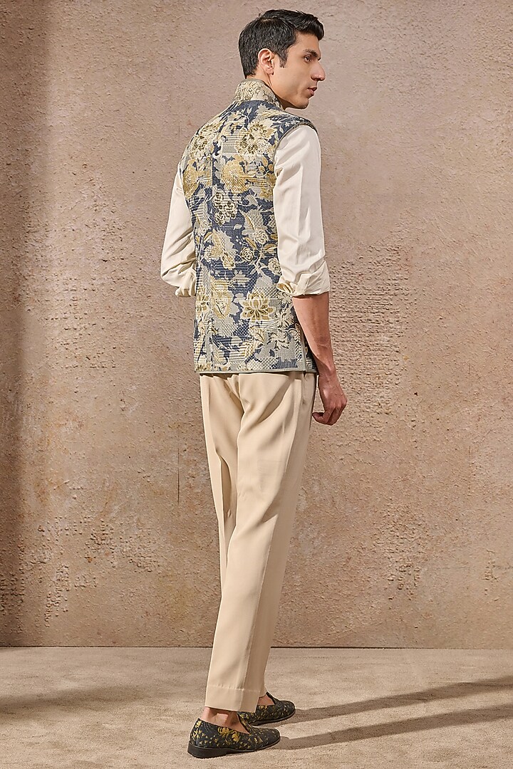 Multi-Colored Jacquard Floral Motif Work Waistcoat by Tarun Tahiliani Men at Pernia's Pop Up Shop