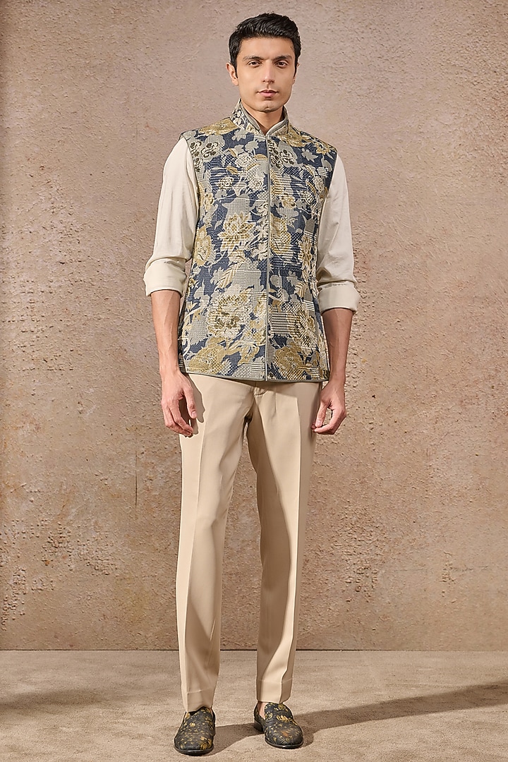 Multi-Colored Jacquard Floral Motif Work Waistcoat by Tarun Tahiliani Men at Pernia's Pop Up Shop