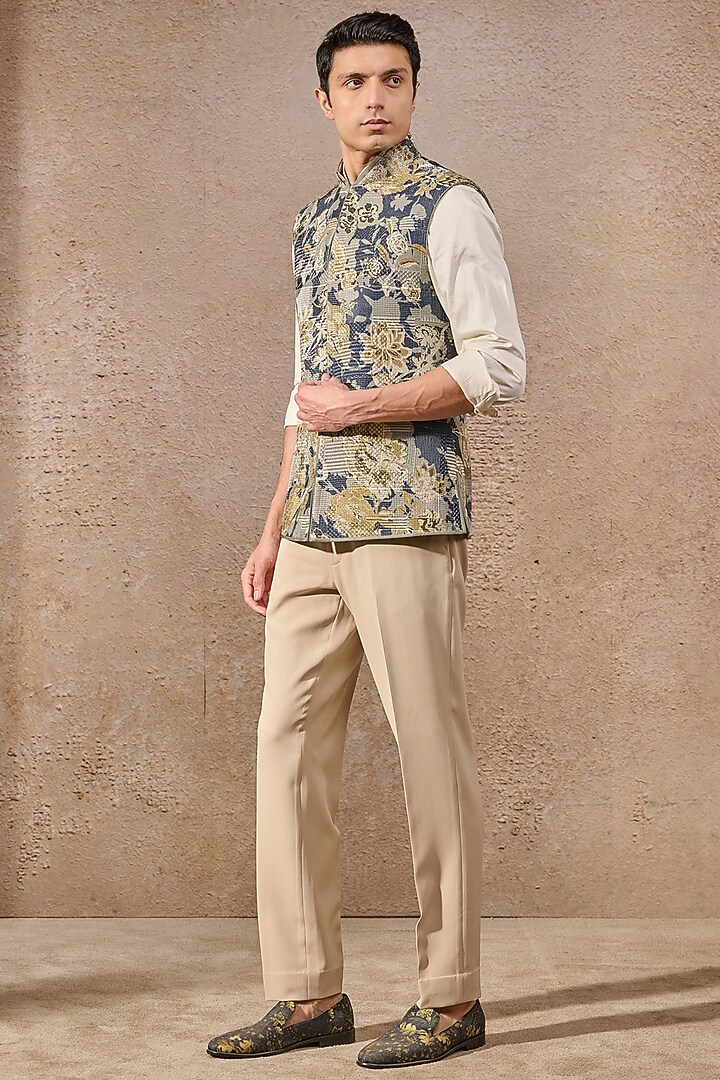 Multi-Colored Jacquard Floral Motif Work Waistcoat by Tarun Tahiliani Men at Pernia's Pop Up Shop