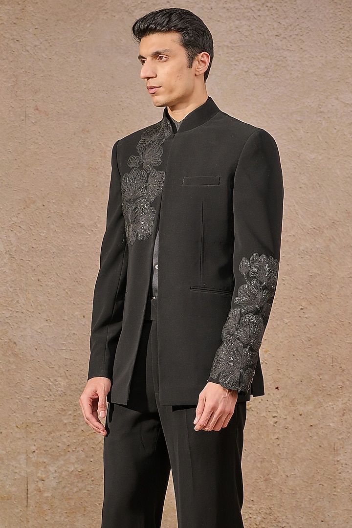Black Japanese Crepe Patch Work Groom Bandhgala Set by Tarun Tahiliani Men at Pernia's Pop Up Shop