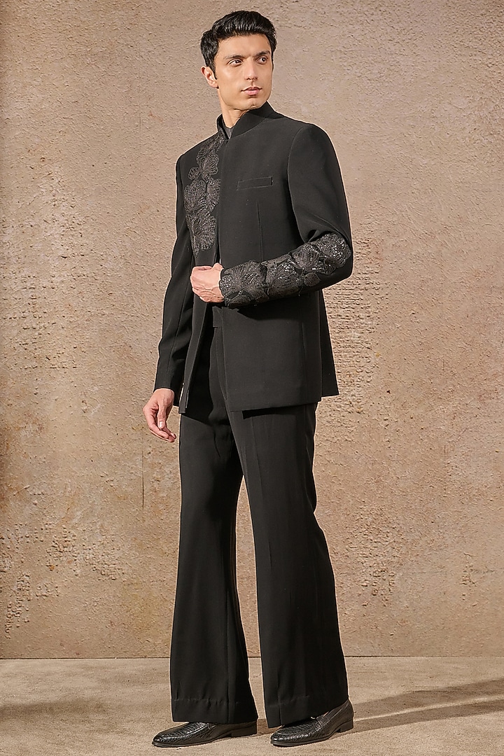 Black Japanese Crepe Patch Work Groom Bandhgala Set by Tarun Tahiliani Men at Pernia's Pop Up Shop