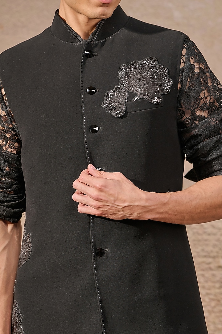 Black Japanese Crepe Sequin Embroidered Waistcoat Set by Tarun Tahiliani Men at Pernia's Pop Up Shop