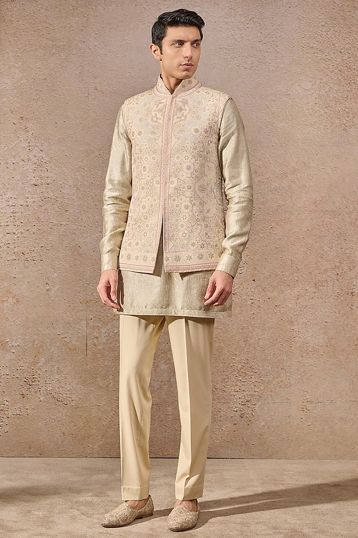 Jade Cotton Moss Floral Motif Printed Waistcoat Set by Tarun Tahiliani Men at Pernia's Pop Up Shop