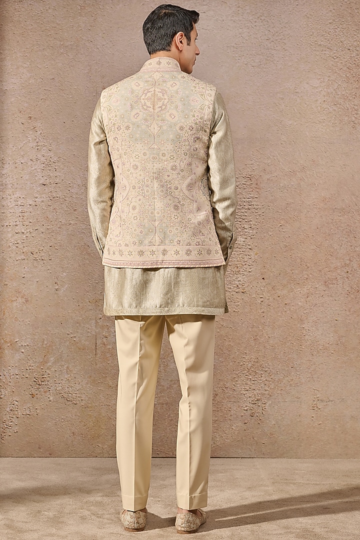 Jade Cotton Moss Floral Motif Printed Waistcoat Set by Tarun Tahiliani Men at Pernia's Pop Up Shop