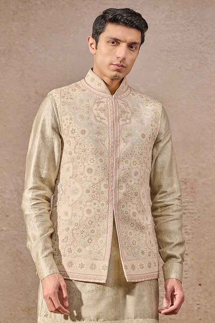 Jade Cotton Moss Floral Motif Printed Waistcoat Set by Tarun Tahiliani Men at Pernia's Pop Up Shop