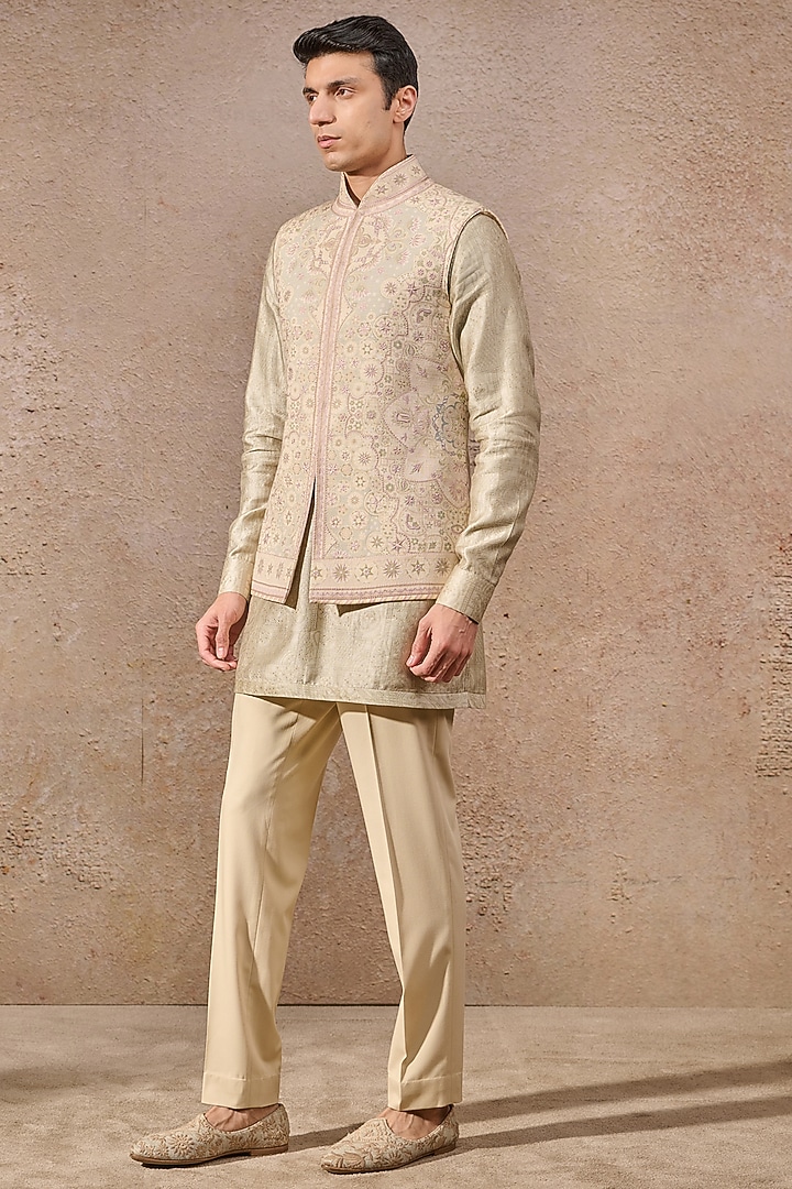 Jade Cotton Moss Floral Motif Printed Waistcoat Set by Tarun Tahiliani Men at Pernia's Pop Up Shop