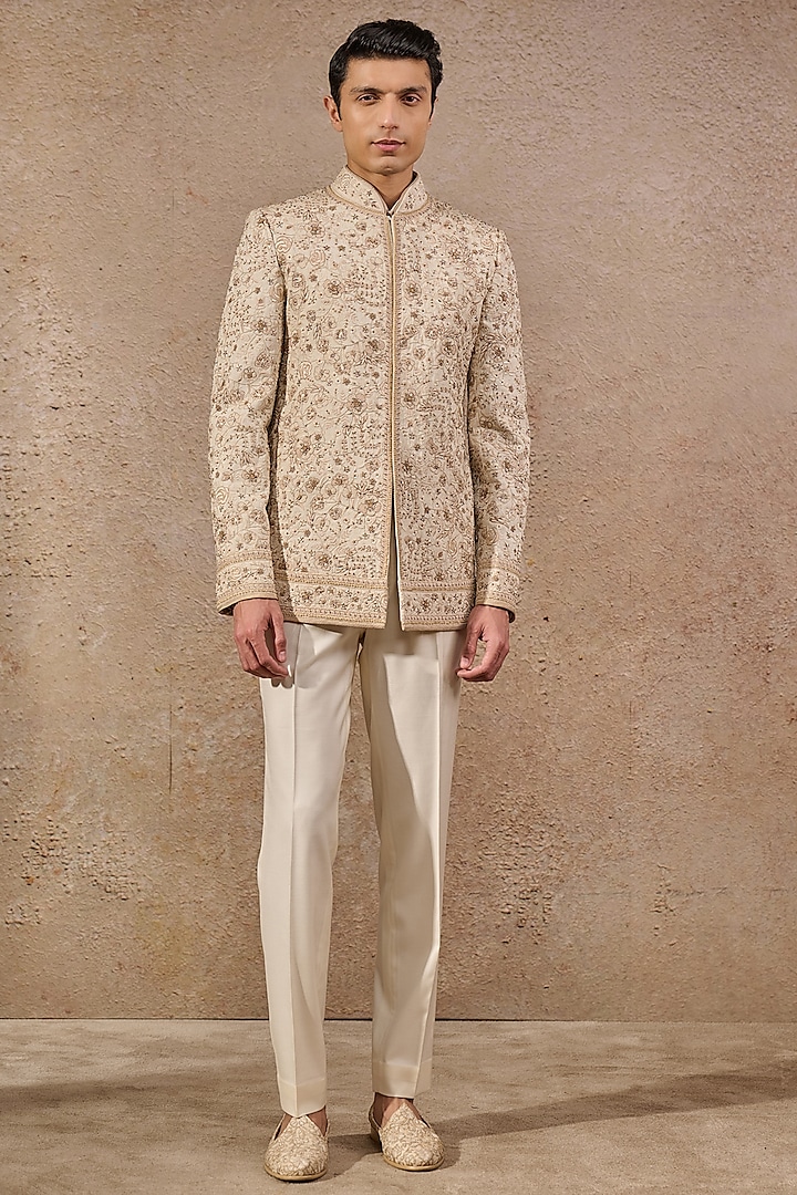 Ivory & Beige Georgette Floral Motif Embroidered Bandhgala Set by Tarun Tahiliani Men