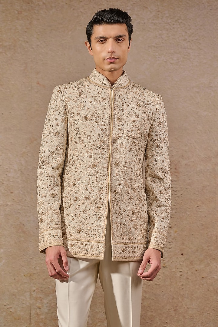 Ivory & Beige Georgette Floral Motif Embroidered Groom Bandhgala Set by Tarun Tahiliani Men at Pernia's Pop Up Shop