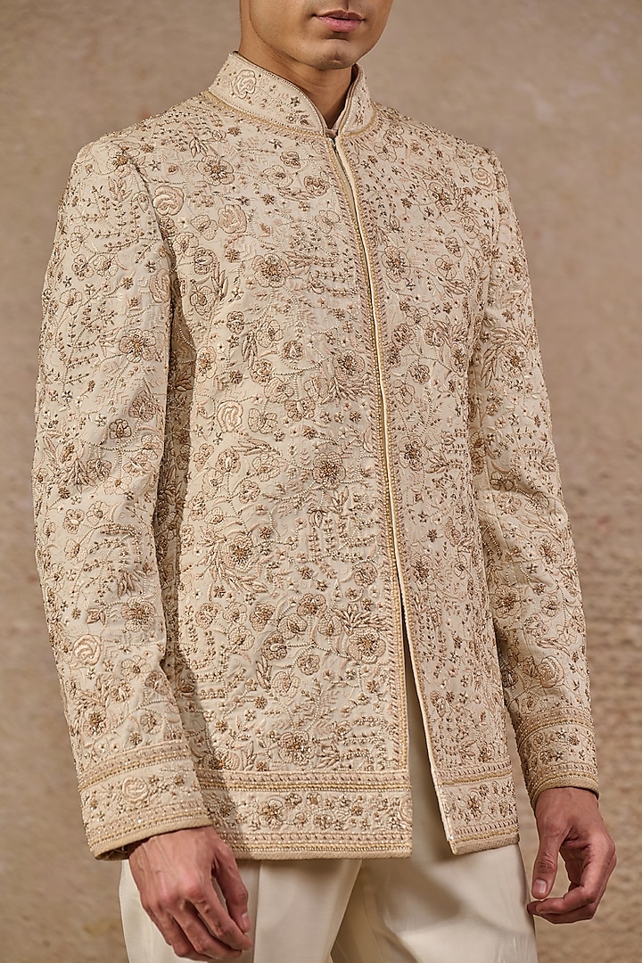 Ivory & Beige Georgette Floral Motif Embroidered Groom Bandhgala Set by Tarun Tahiliani Men at Pernia's Pop Up Shop