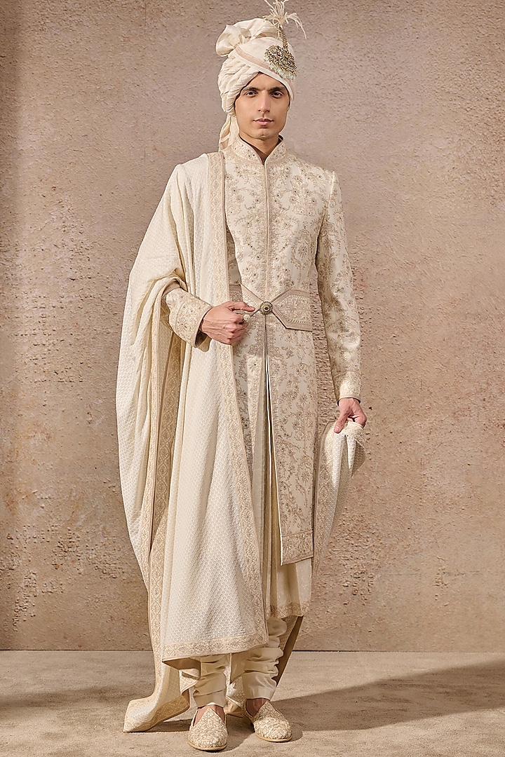 Ivory Silk Dupion Zari Hand Embroidered Sherwani Set by Tarun Tahiliani Men