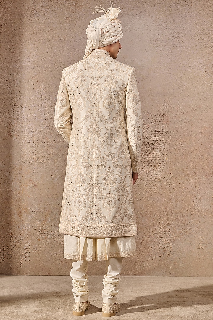 Ivory Silk Dupion Zari Hand Embroidered Groom Sherwani Set by Tarun Tahiliani Men at Pernia's Pop Up Shop