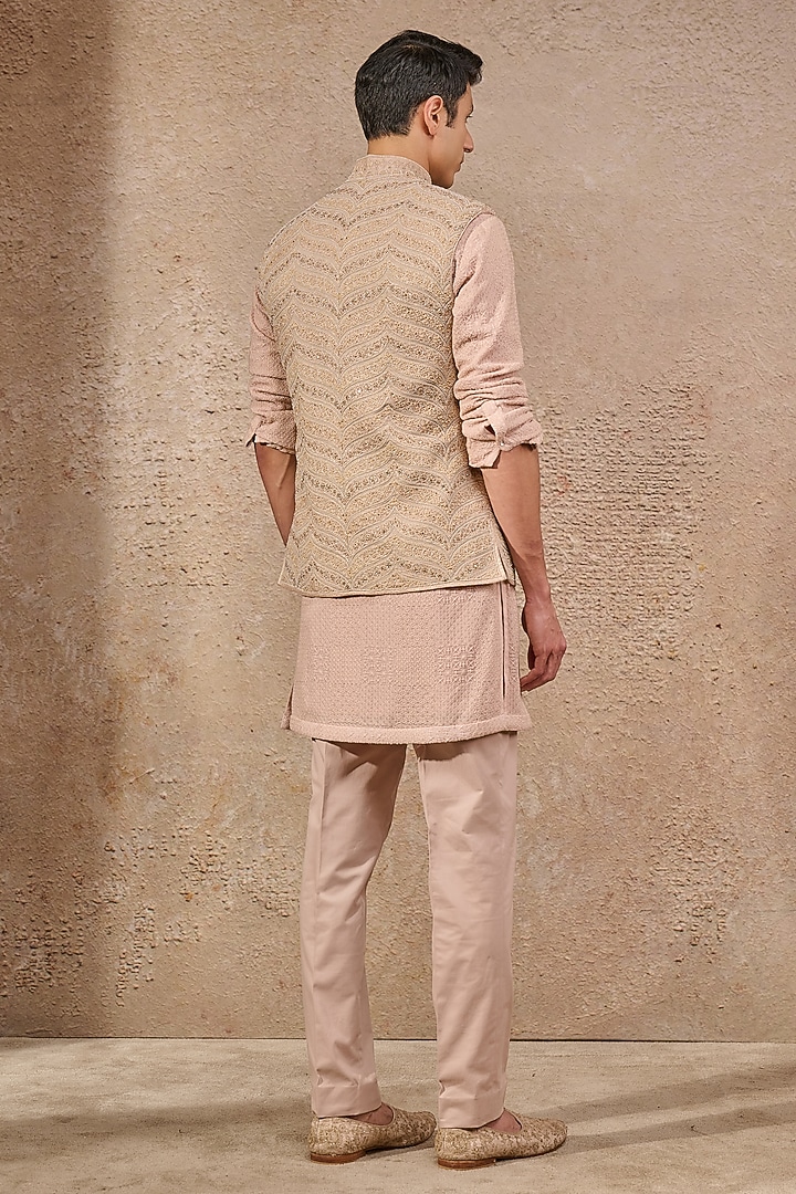 Salmon Pink Tissue Georgette Dori Embroidered Waistcoat Set by Tarun Tahiliani Men at Pernia's Pop Up Shop