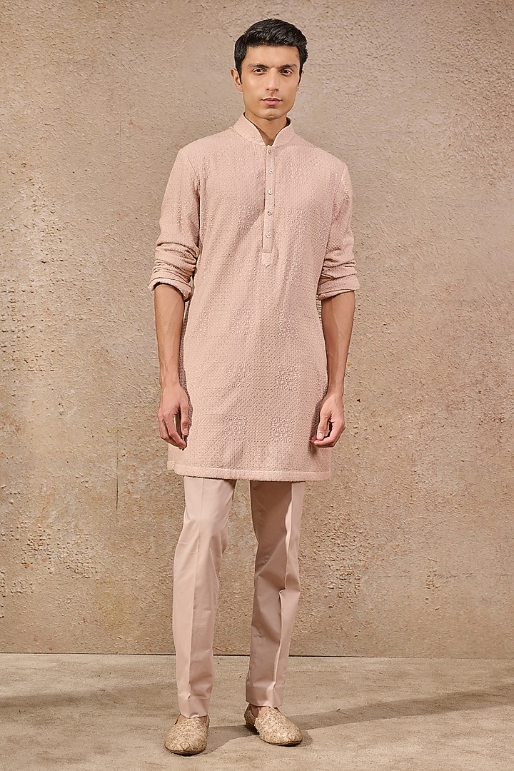 Salmon Pink Tissue Georgette Dori Embroidered Waistcoat Set by Tarun Tahiliani Men at Pernia's Pop Up Shop