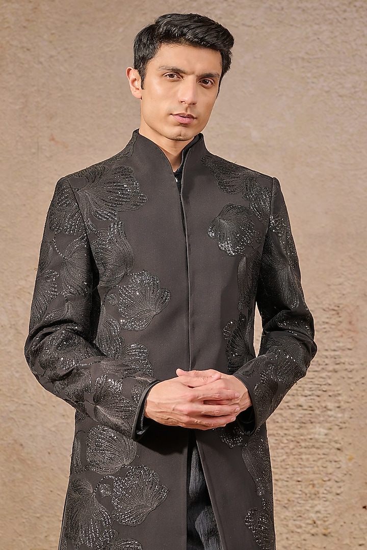 Black Georgette Thread Embroidered Groom Sherwani Set by Tarun Tahiliani Men at Pernia's Pop Up Shop