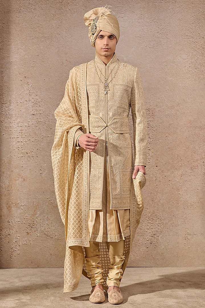 Gold Silk Dupion Zari Hand Embroidered Sherwani Set by Tarun Tahiliani Men