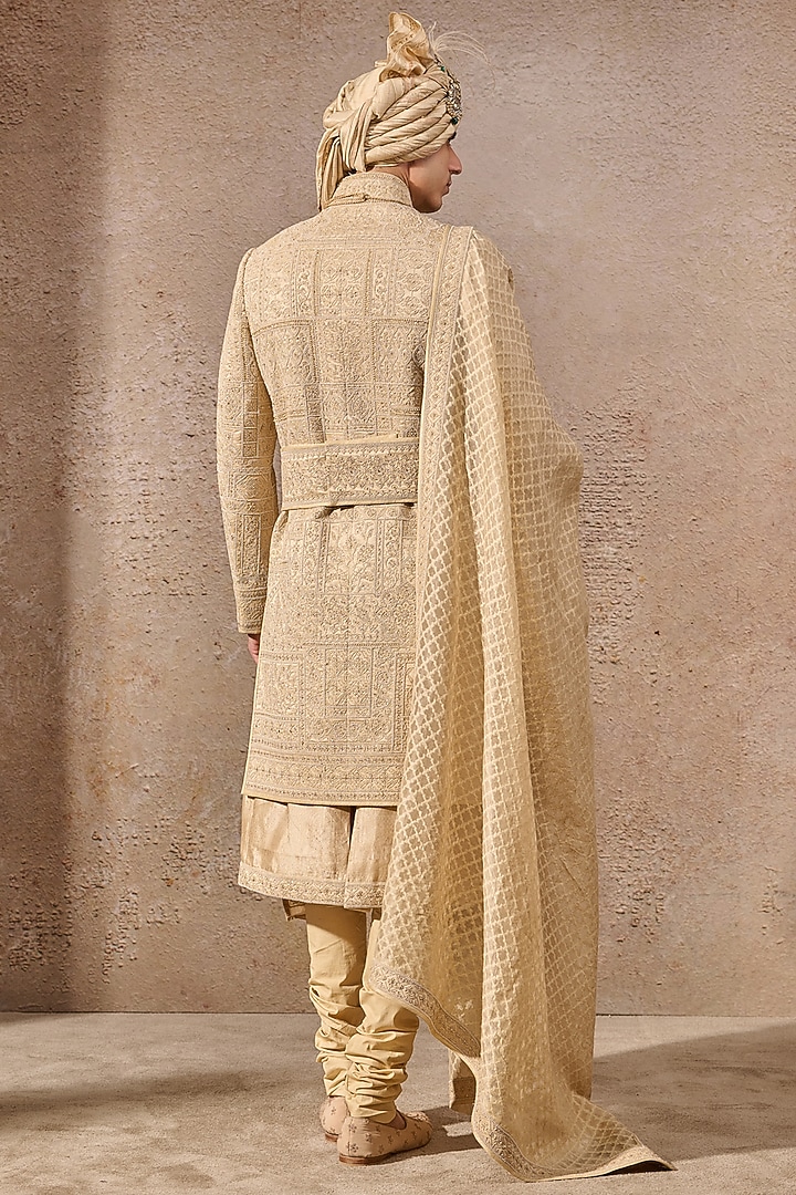 Gold Silk Dupion Zari Hand Embroidered Groom Sherwani Set by Tarun Tahiliani Men at Pernia's Pop Up Shop