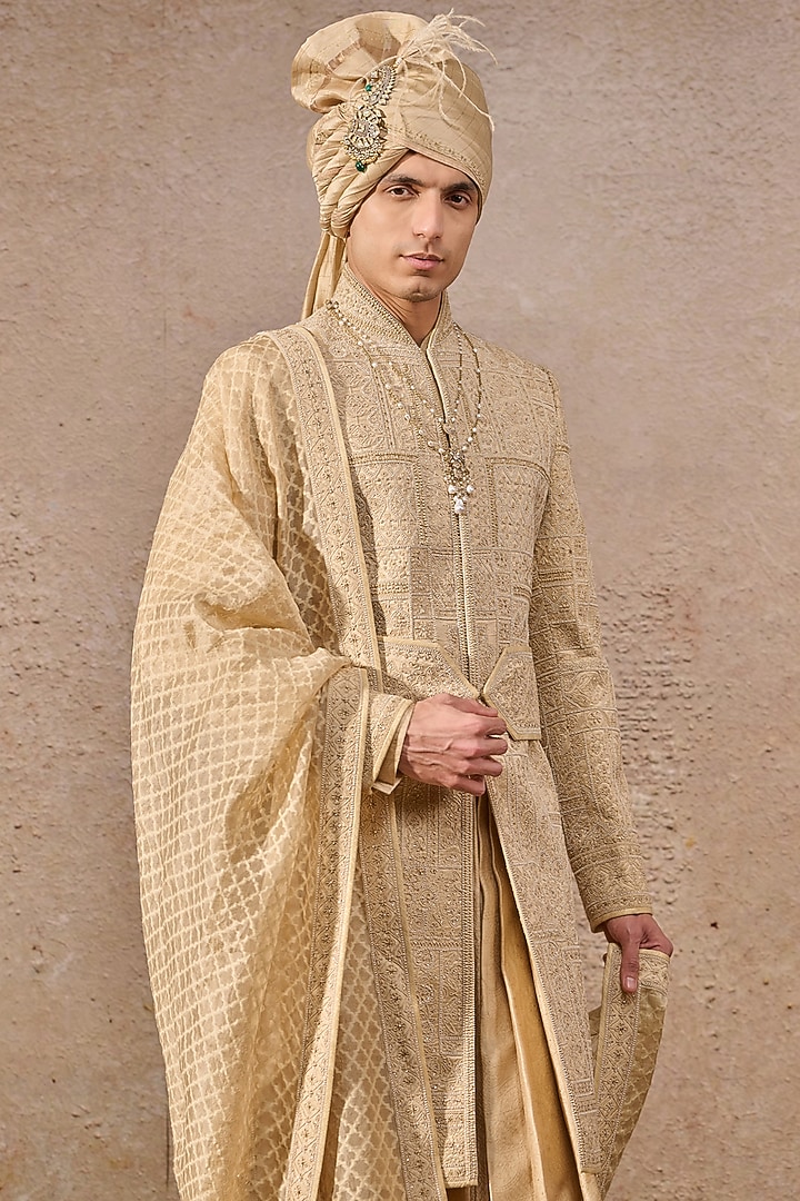 Gold Silk Dupion Zari Hand Embroidered Groom Sherwani Set by Tarun Tahiliani Men at Pernia's Pop Up Shop