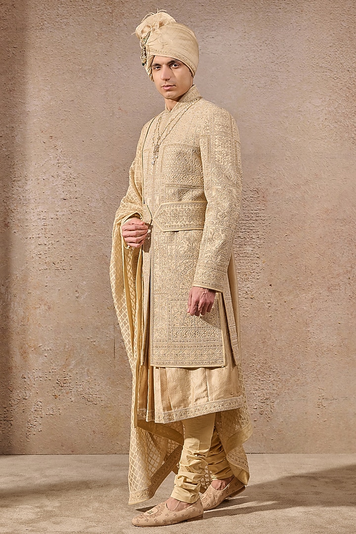 Gold Silk Dupion Zari Hand Embroidered Groom Sherwani Set by Tarun Tahiliani Men at Pernia's Pop Up Shop