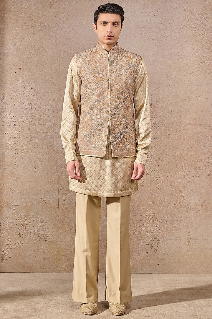 Gold Silk Dupion Dori Hand Embroidered Waistcoat by Tarun Tahiliani Men