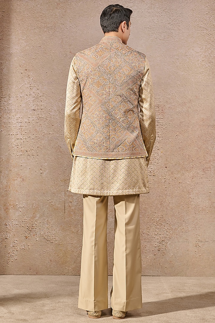 Gold Silk Dupion Dori Hand Embroidered Waistcoat by Tarun Tahiliani Men at Pernia's Pop Up Shop