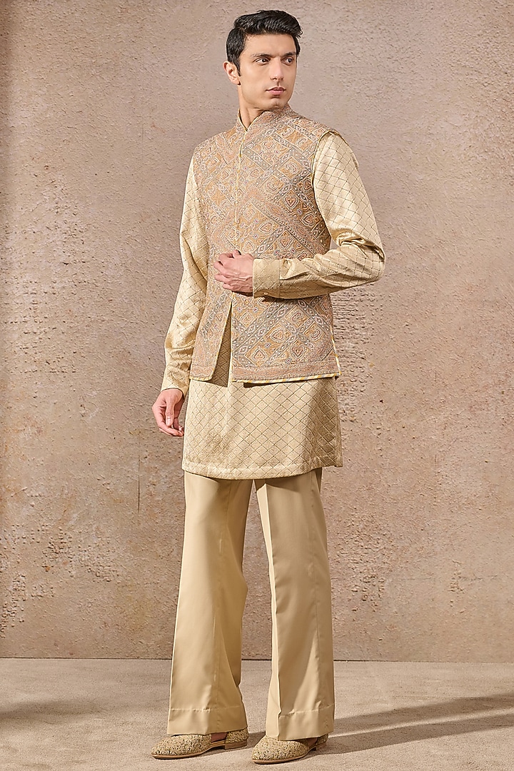 Gold Silk Dupion Dori Hand Embroidered Waistcoat by Tarun Tahiliani Men at Pernia's Pop Up Shop