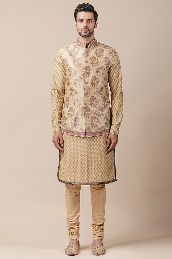 Golden Printed Bundi Jacket by Tarun Tahiliani Men