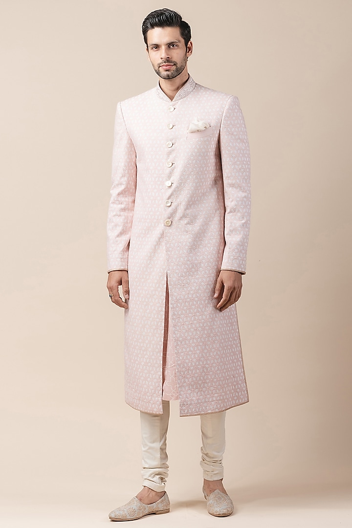 Ivory & Pink Sherwani Set With Applique Work by Tarun Tahiliani Men