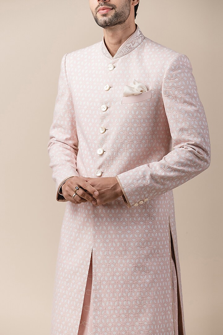 Ivory & Pink Groom Sherwani Set With Applique Work by Tarun Tahiliani Men at Pernia's Pop Up Shop