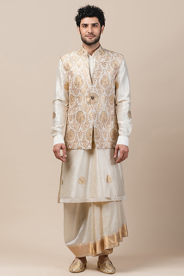 Ivory Brocade Embroidered Bundi Jacket by Tarun Tahiliani Men