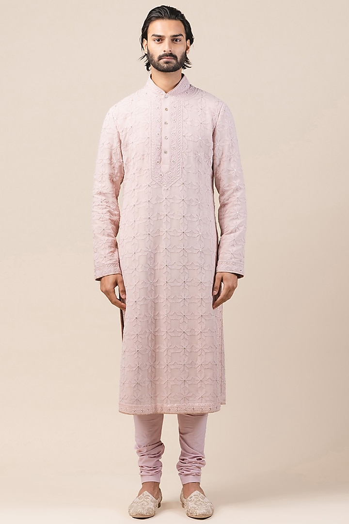 Salmon Pink Embroidered Chikankari Kurta Set by Tarun Tahiliani Men