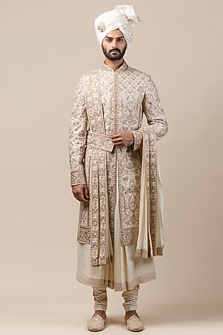 Ivory Embroidered Sherwani Set With Safa by Tarun Tahiliani Men