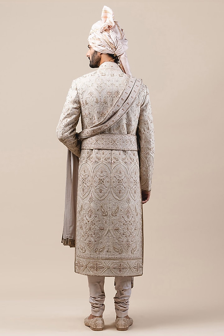 Ivory Embroidered Groom Sherwani Set With Safa by Tarun Tahiliani Men at Pernia's Pop Up Shop