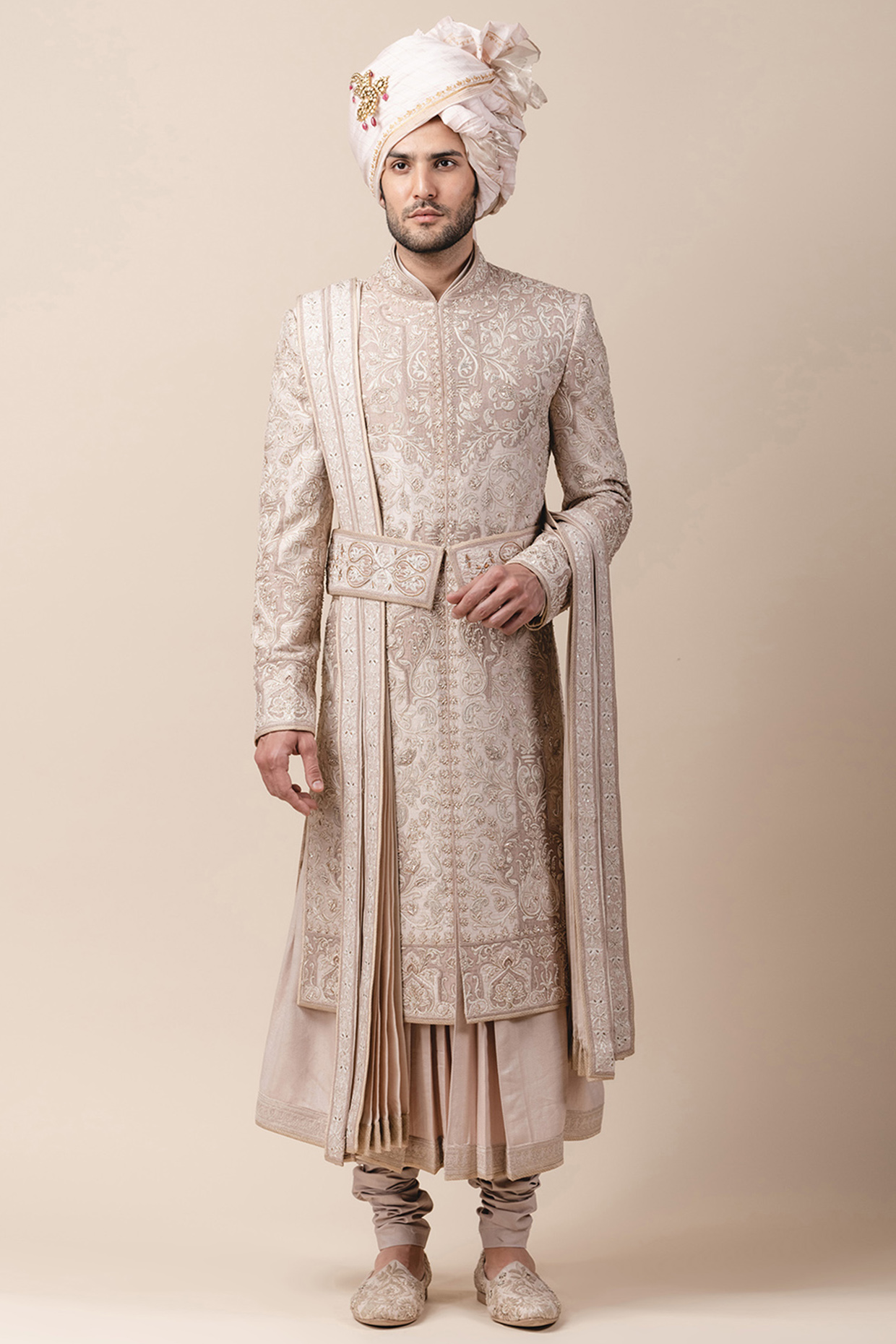 Salmon Pink Embroidered Sherwani Set by Tarun Tahiliani Men