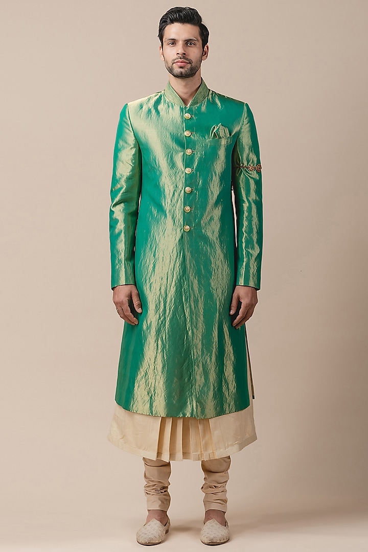 Green Sherwani Set With Textured Collar by Tarun Tahiliani Men