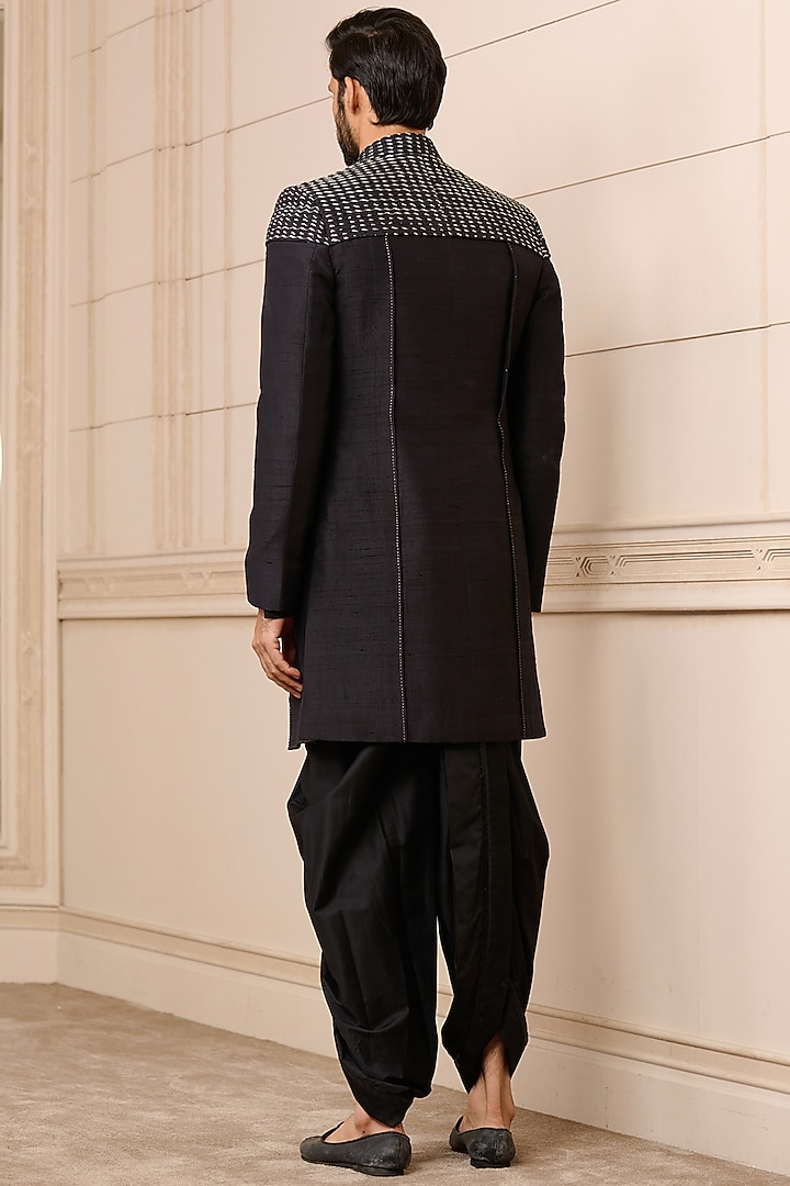 Black Raw Silk Groom Sherwani Set by Tarun Tahiliani Men at Pernia's Pop Up Shop