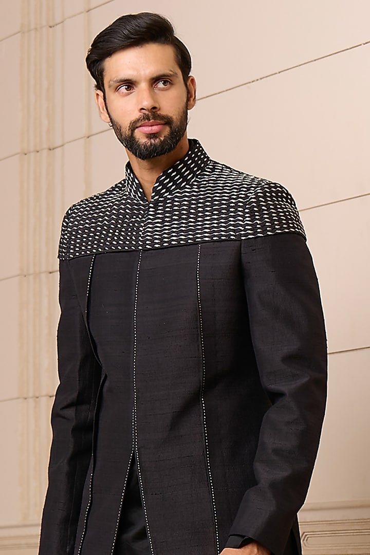 Black Raw Silk Groom Sherwani Set by Tarun Tahiliani Men at Pernia's Pop Up Shop