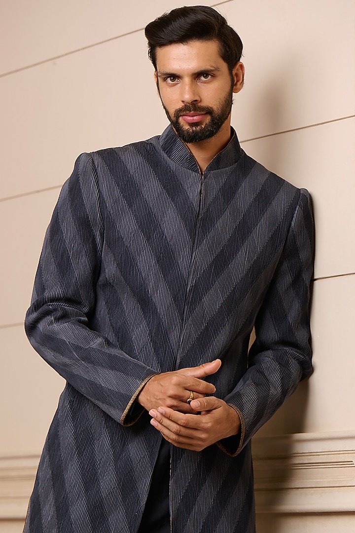 Charcoal Organza & Mulmul Achkan Jacket Set by Tarun Tahiliani Men at Pernia's Pop Up Shop