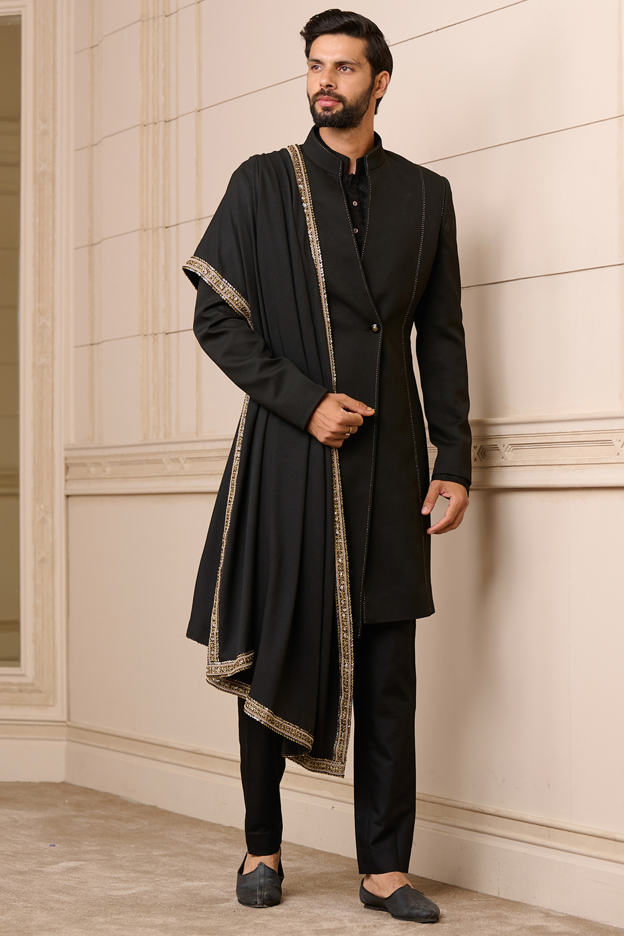 Black Suiting Crepe Indo-Western Set by Tarun Tahiliani Men at Pernia's Pop Up Shop