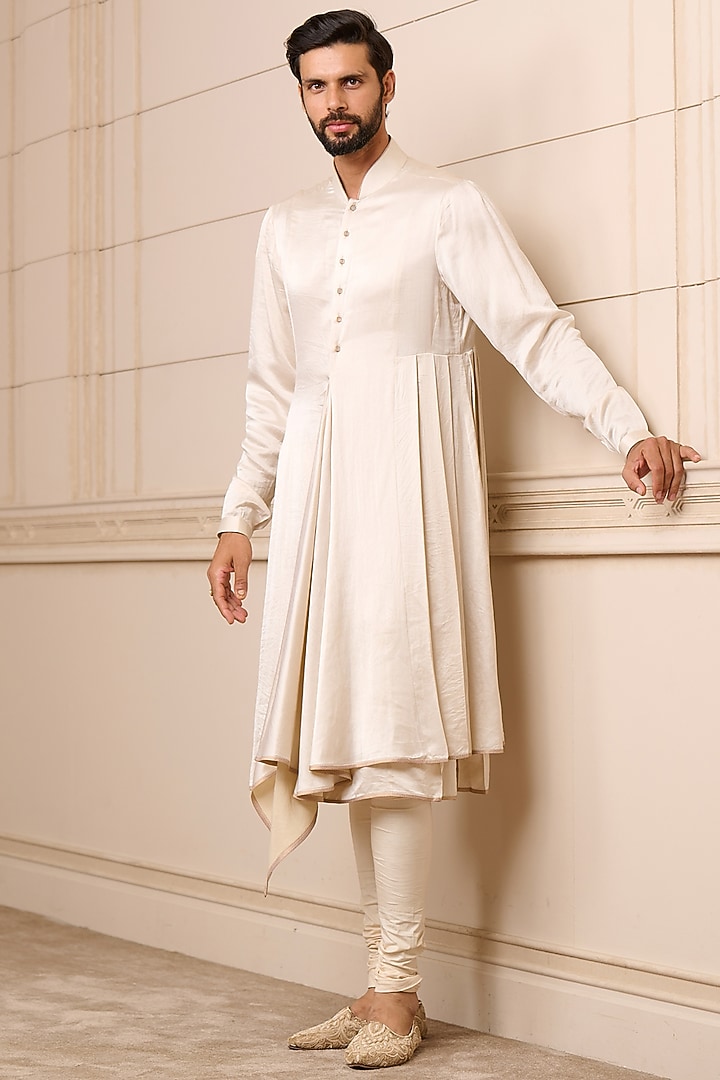 Gold Moga Satin Draped Kurta Set by Tarun Tahiliani Men at Pernia's Pop Up Shop