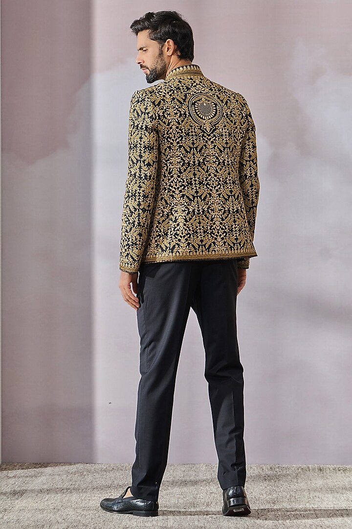 Black Cotton Moss Thread Embroidered Groom Bandhgala Set by Tarun Tahiliani Men at Pernia's Pop Up Shop