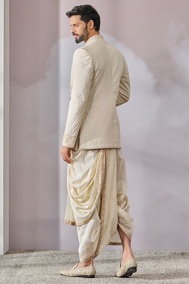 Ivory Chanderi Jacquard Textured Groom Bandhgala Set by Tarun Tahiliani Men at Pernia's Pop Up Shop