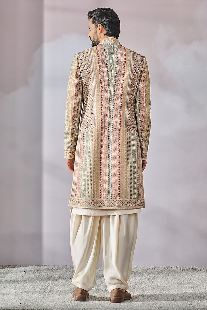 Beige Linen Printed & Embroidered Groom Sherwani Set by Tarun Tahiliani Men at Pernia's Pop Up Shop